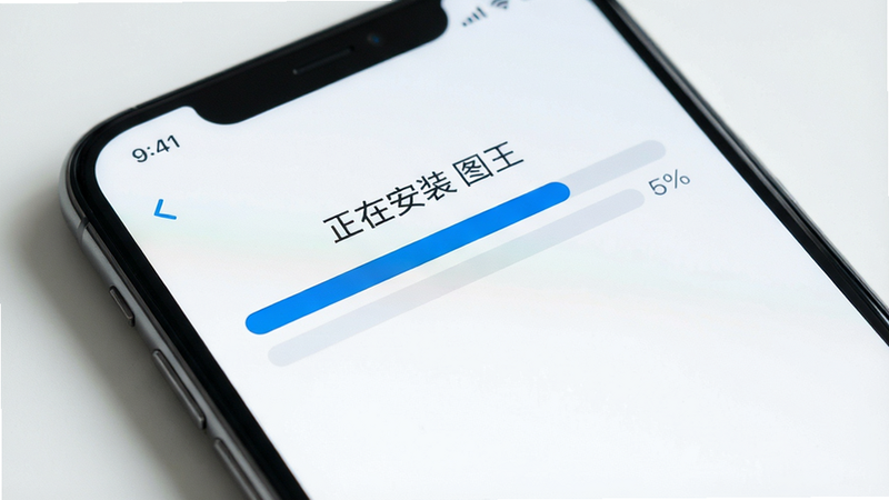 一张手机安装进度条界面,显示“正在安装 图王”,进度条为蓝色,背景简洁,风格现代,细节清晰,画质高,干净