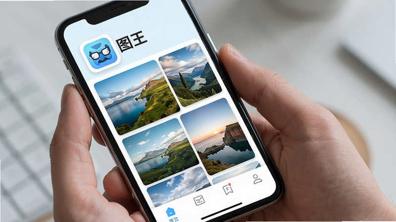 一张高清手机界面展示图,主体为“图王”APP的主页界面,布局清晰,顶部显示软件Logo,中间展示精美的风景照片缩略图,底部为简洁的功能导航栏,整体风格清新简约,色调以白色和浅蓝色为主,细节精致,画质清晰,无多余元素,干净
