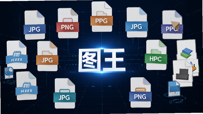 一张图标化的设计图,展示JPG、PNG、HEIC等文件格式图标汇聚在一起,中间有一个发光的“图王”Logo,象征格式转换功能,背景为深蓝色科技感网格,布局对称,风格科技简约,细节锐利,画质高清,干净