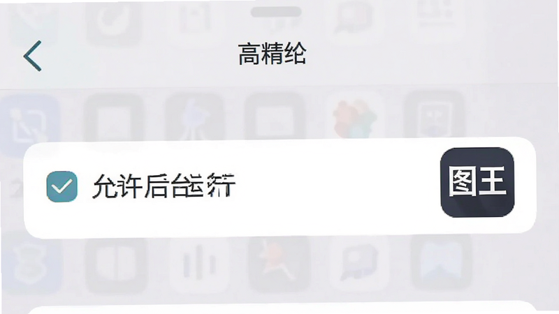 一张手机设置界面的示意图,显示“允许后台运行”选项被勾选,旁边有“图王”的应用图标,背景为浅灰色,布局清晰,风格扁平,细节明确,画质清晰,干净