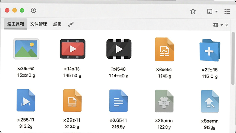 逸工具箱文件管理界面,主体为列表视图,显示图片、视频、文档等分类图标,布局紧凑有序,风格简洁白色背景,细节展示文件扩展名和大小,高清画质,无杂乱元素