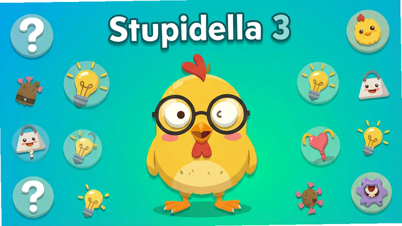����Ϊ Stupidella 3 ��Ϸ�����棬���ֲ������ĶԳƹ�ͼ������չʾһֻ���黬��������Բ���۾��Ļ�ɫС����ɫ������Ϊ����������ɫ���䣬����Ư�����ʺš����ݵȽ���Ԫ��ͼ�꣬�Ű����࣬���Ϊ��ƽ����ͨ�廭��ϸ�ڴ����������Ӱ�����ʸ��壬�ɾ��޶���Ԫ�أ����ֱ�ǩ������ʾ 