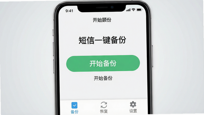 主体为智能手机屏幕界面,显示“短信一键备份”APP首页,布局简洁现代,顶部状态栏清晰,中间大按钮显示“开始备份”,底部导航栏包含“备份”、“恢复”、“设置”图标,风格扁平化UI设计,细节精致,画质高清,干净无多余元素,背景为浅灰色渐变,文字清晰可读