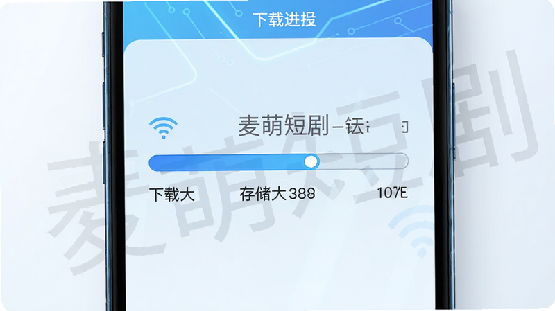 主体为手机下载进度界面,布局简洁,中心显示下载进度条与剩余时间,风格为科技感蓝色调,细节包含Wi-Fi图标与存储大小提示,画质清晰锐利,干净无干扰,文字“麦萌短剧”作为背景水印