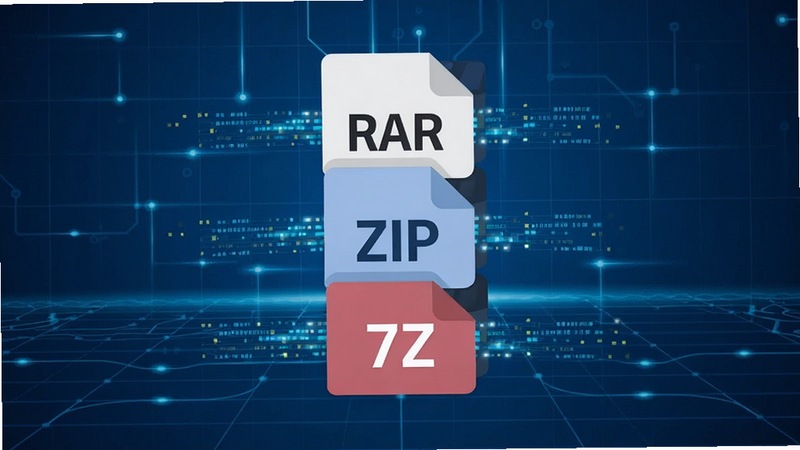 一张概念图,主体为几个堆叠的压缩文件图标,分别标注RAR、ZIP、7Z,背景为蓝色科技网格,布局居中,排版对称,风格为扁平化设计,细节处有数据流光效,画质高清,干净简洁