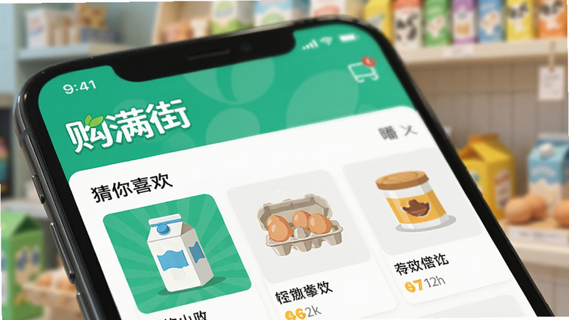 手机屏幕特写,显示“购满街”APP的“猜你喜欢”板块,列出牛奶、鸡蛋等商品图片,背景虚化,突出屏幕内容,扁平化设计风格,色彩鲜艳,细节清晰,4k分辨率,无水印