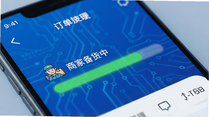 手机界面展示订单进度条,当前状态为“商家备货中”,绿色进度条清晰可见,旁边有快递员图标,界面布局紧凑,蓝色主色调,科技感到位,高清渲染,无文字错误