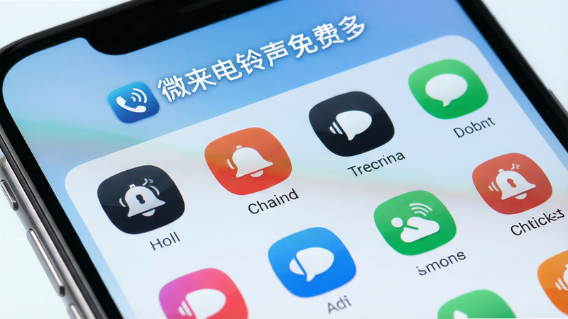 手机屏幕特写,展示微来电铃声免费多APP界面,顶部显示“微来电铃声免费多”Logo,列表中包含多种风格铃声图标,背景为柔和渐变蓝,高清写实风格,无多余元素