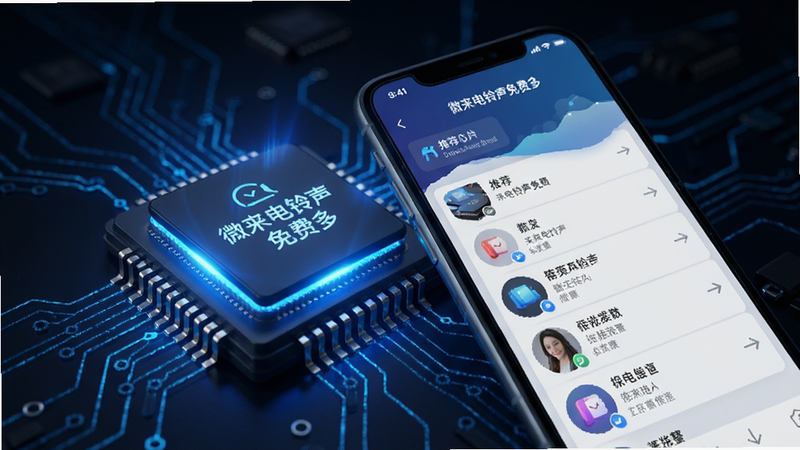 智能AI芯片与手机界面融合的示意图,显示“微来电铃声免费多”界面中的推荐列表,科技感蓝光特效,专业软件UI设计风格