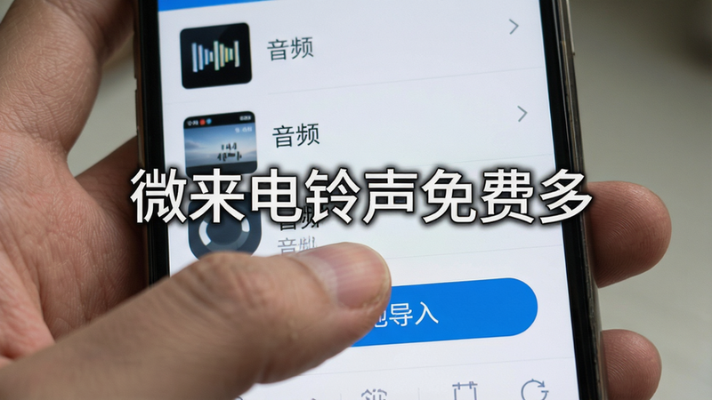 手指点击手机屏幕“本地导入”按钮的特写,屏幕显示音频选择列表,界面清晰,突出“微来电铃声免费多”操作指引,写实摄影风格