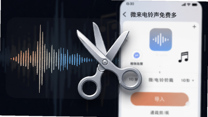 音频波形图与剪刀图标组合,象征音频裁剪功能,背景展示“微来电铃声免费多”APP的导入界面,操作感强,细节丰富