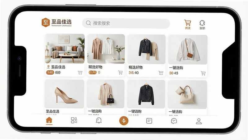 һ�Ÿ����ֻ���Ļ��ͼ������Ϊ����Ʒ��ѡ��APP��ҳ���棬�������࣬����չʾ��������Ʒ��Logo���м�����Ϊ����״���еľ�ѡ��Ʒ��Ƭ�������Ҿӡ����ε�Ʒ�࣬�ײ�Ϊ���������������Լ�ִ���ɫ���԰�ɫ��ǳ��ɫΪ������׺Ʒ��ɫ������������ʾ����Ʒ��ѡ��������ѡ�������һ��ѡ�����������������޶���ˮӡԪ�ء�