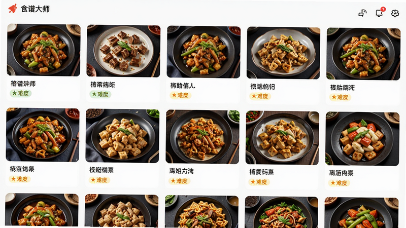 ����Ϊʳ�״�ʦAPP�����б�ҳ�棬����Ϊ����״��Ƭչʾ���Ű����룬ÿ�ſ�Ƭ������ƷͼƬ�����Ƽ��Ѷȱ�ǩ������ִ���ƽ����ϸ������չʾ��ͬ��ϵ���࣬�����������ɾ����޶���Ԫ��