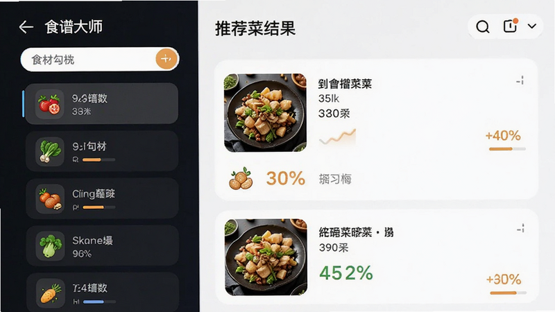 ����Ϊʳ�״�ʦAPP�����������棬�������Ϊʳ�Ĺ�ѡ�б����Ҳ�Ϊ�Ƽ����׽�����Ű��߼����������Ƽ�������ܰ�н�ϣ�ϸ��չʾʳ��ͼ����ƥ��Ȱٷֱȣ����ʸߣ��ɾ����޶���Ԫ��