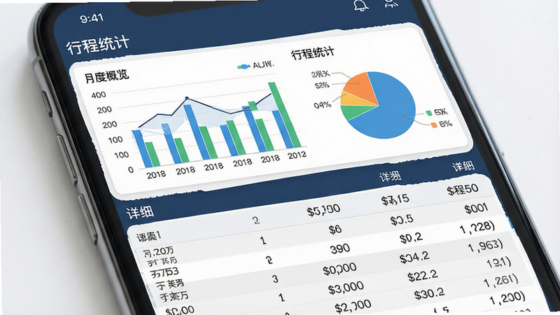 主体为手机数据报表界面,显示柱状图与饼图,布局上下分布,上部为月度概览,下部为详细列表,排版清晰易读,风格商务简洁,细节显示金额与里程数字,画质高清,干净,无多余元素,文字“行程统计”位于标题
