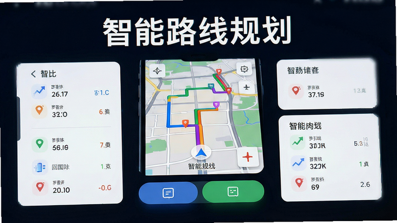 主体为手机界面,展示地图上的多条彩色路线,布局中心为导航地图,周围环绕功能按钮,排版逻辑性强,风格科技感,细节显示路线对比数据,画质清晰,干净,无多余元素,文字“智能路线规划”醒目