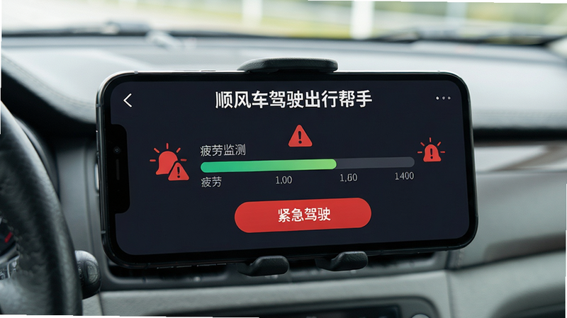 主体为驾驶舱视角,手机支架上的屏幕显示“顺风车驾驶出行帮手”的安全监测界面,布局包含疲劳度进度条与紧急按钮,排版突出警示信息,风格严肃专业,细节显示红色警示图标,画质高,干净,无多余元素,文字“安全驾驶”清晰