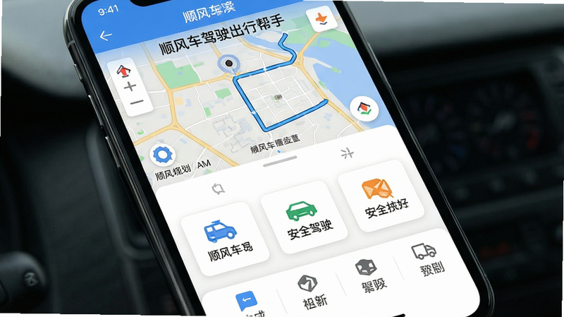 主体为手机屏幕,显示“顺风车驾驶出行帮手”APP界面,布局清晰,顶部为地图导航区域,底部为功能菜单,排版整洁,风格现代简约,细节包含路线规划、安全驾驶提示图标,画质高清,干净,无多余元素,文字“顺风车驾驶出行帮手”清晰可见