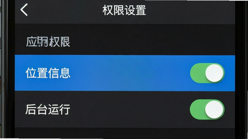 主体为手机设置界面,显示“应用权限”列表,布局为列表形式,高亮显示“位置信息”和“后台运行”选项,排版清晰,风格系统原生,细节显示开关状态为开启,画质清晰,干净,无多余元素,文字“权限设置”可见