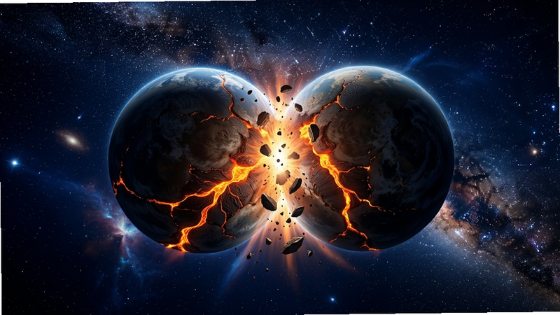 一张高保真的数字艺术插图,主体是深蓝色的太空中两个巨大的行星正在发生剧烈碰撞,表面熔岩流淌,碎片四溅,背景是璀璨的星云和银河,布局居中,排版大气,风格为写实科幻,细节丰富,画质4k,干净无多余元素