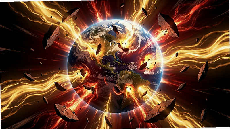 一张极具冲击力的爆炸场景图,主体是一个星球在中心发生大爆炸,金色和红色的能量向外扩散,碎片呈放射状分布,布局充满张力,排版紧凑,风格为动态漫画与写实结合,细节展现出能量流动的纹理,画质超清,干净无多余元素