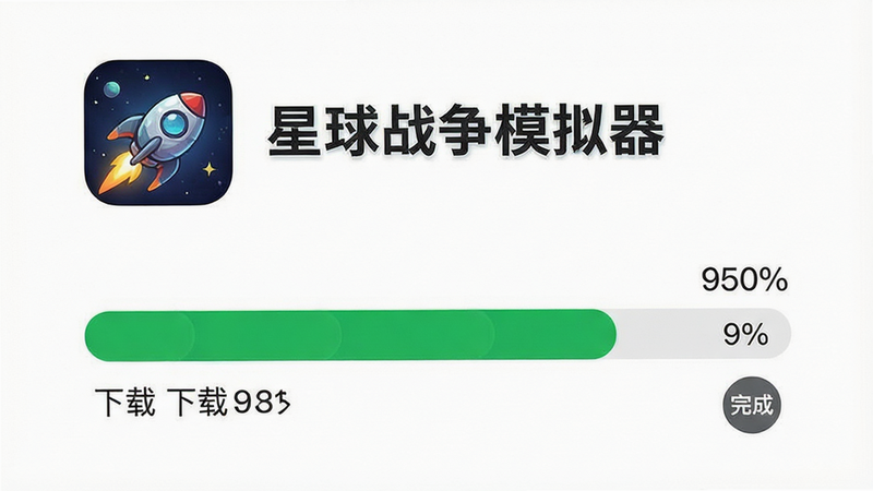 一张手机下载进度条的示意图,主体是“星球战争模拟器”的图标和文件名,进度条显示95%,背景为简洁的白色,布局居中,排版清晰,风格为极简主义,细节包含下载速度文字和完成图标,画质高清,干净无多余元素