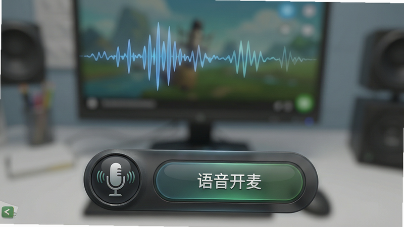 主体为游戏内语音聊天界面,布局底部悬浮栏,风格拟真麦克风图标,细节包含声波波纹动画,画质细腻,干净,无多余元素,文字