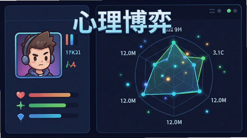 主体为游戏内心理分析雷达图界面,布局左右分栏,左侧显示对手头像与状态,右侧为动态数据曲线,风格科技感与卡通结合,细节包含波动的光点,画质清晰,干净,无多余元素,文字
