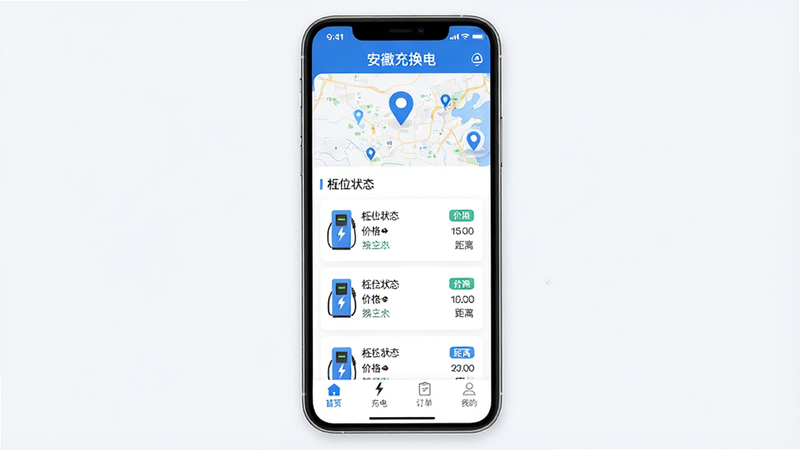 ����һ�Ÿ����ƶ�Ӧ�ý���ȫ��ͼ������Ϊ�����ճ任�硱APP��ҳUI��ƣ�����������������ʾ��ͼ�붨λͼ�꣬�в��г����׮�б�������׮λ״̬���۸񡢾�����Ϣ���ײ���������������ҳ��������硱���������������ҵġ��ĸ�ͼ�꣬���Ϊ�ִ���Լ�Ƽ��磬��ɫ��Ϊ��ɫ���ɫ��ϸ�����������֡����ճ任�硱�����ɼ�������4k���ɾ����޶���Ԫ��