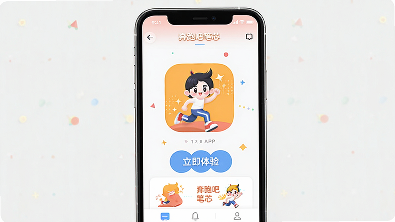 主体为奔跑吧笔芯APP的手机界面截图,布局为居中显示,排版简洁大气,风格为扁平化设计,细节包含明亮的色彩搭配和清晰的图标,画质高清,干净,无多余元素,文字包含
