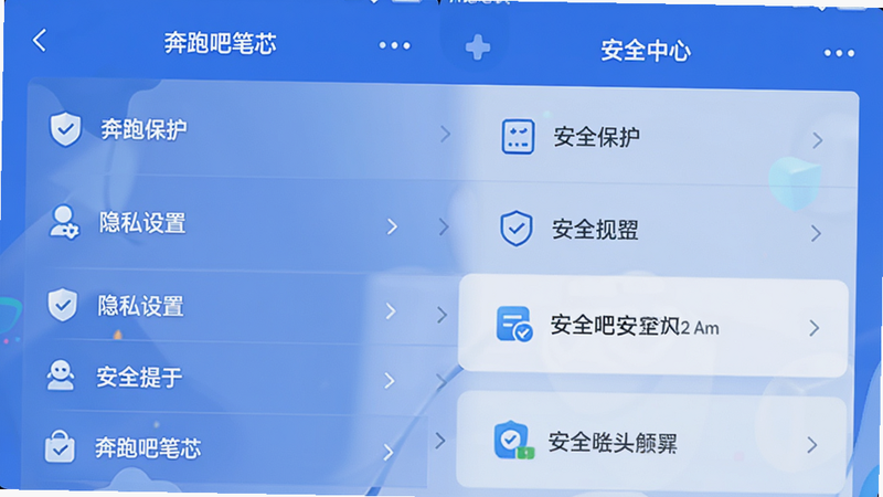 主体为奔跑吧笔芯APP的安全中心界面,布局为列表式,排版清晰,风格为稳重蓝色调,细节展示隐私设置选项和安全提示图标,画质清晰,干净,无多余元素,文字包含