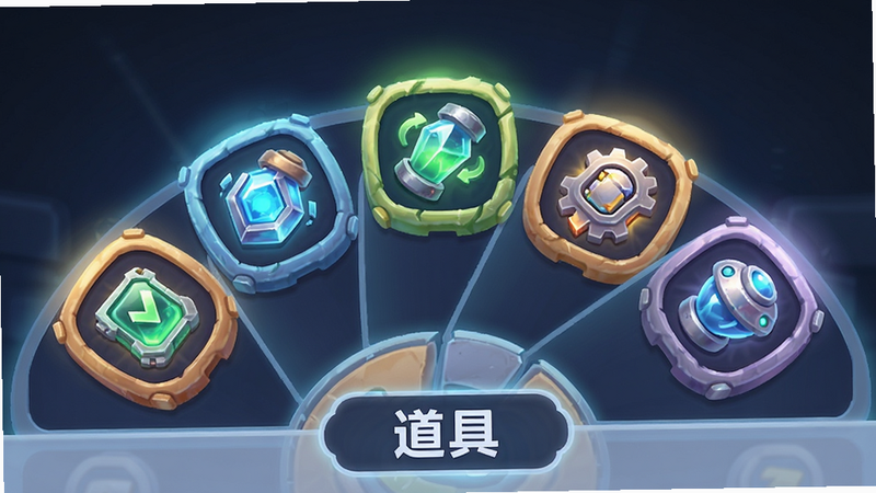 生成一张游戏道具栏的特写图,主体为几个发光的道具图标,布局呈扇形展开,排版美观,风格科技感与卡通结合,细节展示图标的立体感和光晕效果,画质细腻,干净无多余UI,文字“道具”作为标签