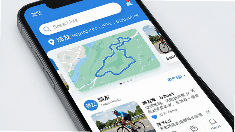 生成一张高清手机应用界面图,主体为“骑友”APP首页,布局清晰,顶部显示搜索栏和定位信息,中间展示精美的骑行路线图卡片,下方是用户动态流,包含骑行照片和文字,风格现代简约,色彩以蓝色和白色为主,细节丰富,画质清晰,无多余元素,文字显示为“骑友”