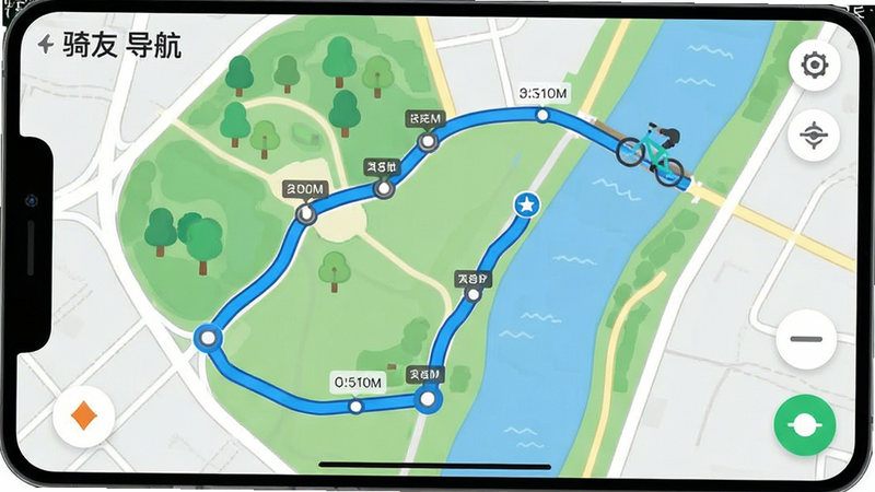 生成一张地图导航界面图,主体为“骑友”APP的地图视图,布局展示一条蜿蜒的蓝色骑行轨迹,经过公园和河流,排版简洁,风格扁平化设计,细节显示轨迹节点和距离标记,画质高清,干净,无多余元素,文字显示为“骑友 导航”