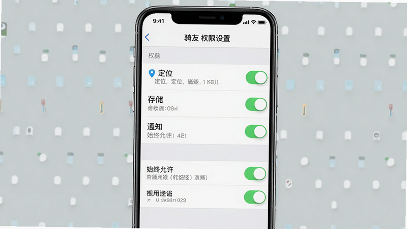 生成一张手机设置界面示意图,主体为“骑友”APP的权限设置页面,布局显示定位、存储、通知等权限开关状态,排版清晰,风格系统原生UI,细节显示“始终允许”选项被选中,画质清晰,无多余元素,文字显示为“骑友 权限设置”