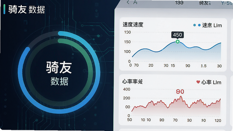 生成一张数据报告界面图,主体为“骑友”APP的骑行总结页面,布局包含环形进度图和数据列表,显示速度曲线和心率变化,排版专业,风格科技感,细节显示具体数值和单位,画质清晰,无多余元素,文字显示为“骑友 数据”