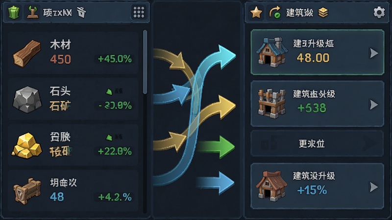 主体为游戏内部经济面板截图,左侧显示资源列表(木材、石头、金矿),右侧显示建筑升级选项,中间有流动的资源箭头动画,布局左右分栏,排版整齐,风格为游戏UI界面,细节包含数值跳动效果,画质清晰,干净,无多余元素