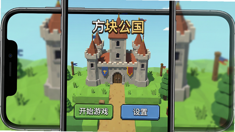 主体为手机屏幕界面,显示《方块公国》游戏主菜单,背景是低多边形像素风格的城堡与草地,前景有“开始游戏”和“设置”按钮,布局居中对称,排版简洁清晰,风格为扁平化UI设计,细节丰富,画质高清,干净,无多余元素