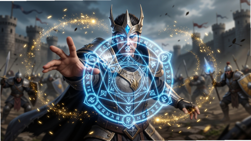 主体为领主角色施放技能的特效画面,中心是蓝色魔法阵,周围环绕着金色粒子,背景是模糊的战场,布局中心聚焦,排版突出主体,风格为奇幻魔法效果,细节丰富,画质绚丽,干净,无多余元素