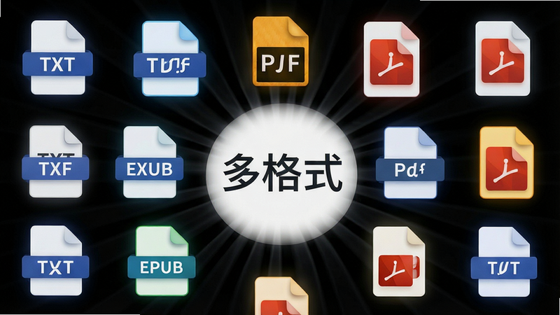 主体为文件格式图标集合,布局为中心辐射状,排版均衡,风格为极简主义,细节显示TXT、EPUB、PDF图标发光效果,画质高清,干净无多余元素,文字标签显示“多格式”