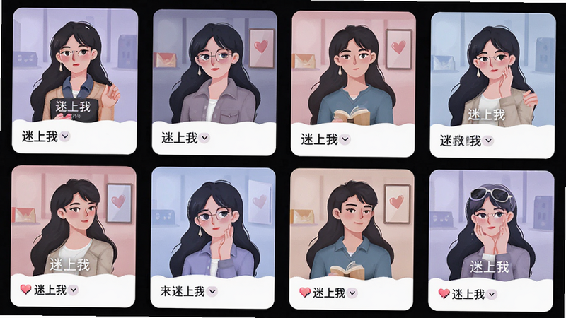 主体为“迷上我”APP的界面全景图,布局采用卡片式网格排列,展示多个互动剧情封面,排版整齐对称,风格为现代扁平化插画,细节包含柔和的阴影与高光效果,画质高清,干净无多余元素,文字标签显示“迷上我”