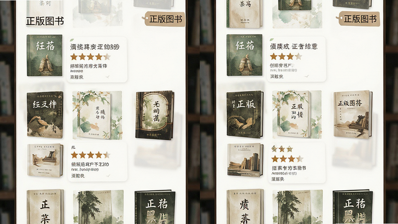 主体为书籍列表界面,布局为双列瀑布流,排版美观,风格为文艺清新,细节显示书籍封面与评分,画质高清,干净无多余元素,文字标签显示“正版图书”