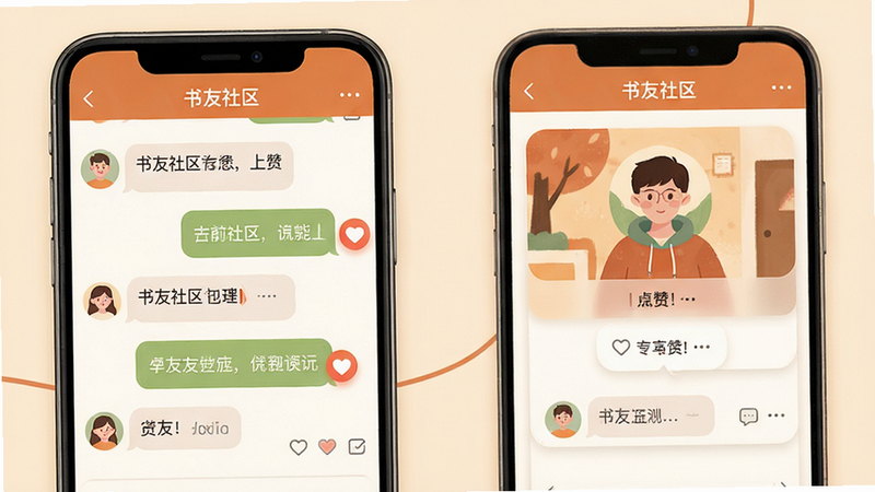 主体为社区聊天界面与角色卡片,布局左右分栏,排版紧凑有序,风格为温馨社交色调,细节显示聊天气泡与点赞图标,画质高清,干净无多余元素,文字标签显示“书友社区”