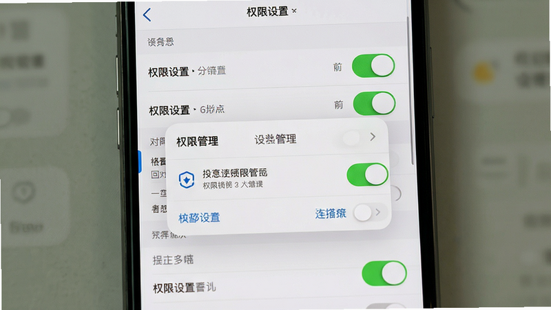 主体为手机设置界面与权限管理弹窗,布局为垂直列表,排版清晰,风格为系统原生UI,细节显示权限开关状态,画质高清,干净无多余元素,文字标签显示“权限设置”