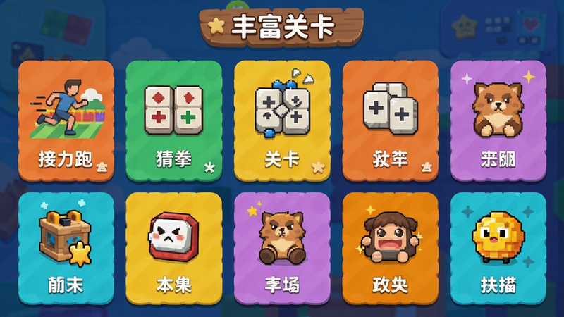 游戏关卡选择列表界面,卡片式布局,每张卡片上有不同的游戏图标,如“接力跑”、“猜拳”等,色彩鲜艳,排版整齐,风格扁平化设计,细节清晰,画质高,文字标注“丰富关卡”
