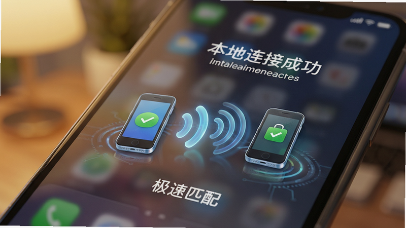 手机屏幕特写,显示“本地连接成功”界面,两个手机图标通过无线波纹相连,背景模糊处理,突出连接状态,风格科技感与温馨感结合,细节精致,画质高清,文字标注“极速匹配”