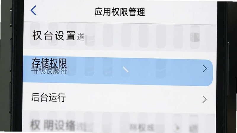 手机设置界面截图,显示“应用权限管理”页面,高亮显示“存储权限”与“后台运行”选项,风格简洁清晰,细节明确,画质高,文字标注“权限设置”
