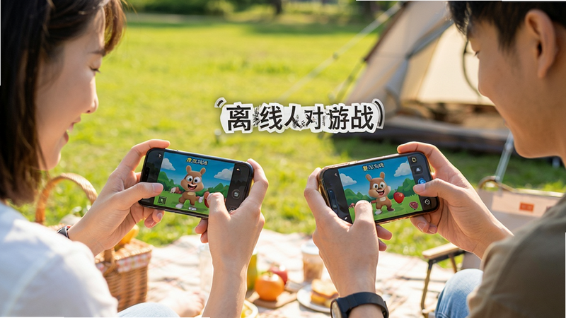 户外野餐场景,两个人拿着手机在玩《双人游戏》,背景是草地和帐篷,阳光充足,氛围轻松愉快,风格写实摄影,细节生动,画质清晰,文字标注“离线对战”