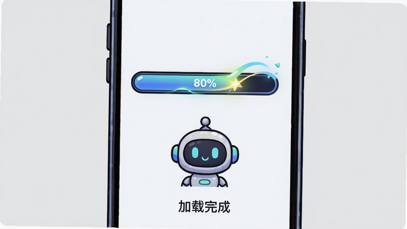 主体为手机屏幕显示游戏加载进度条,布局为垂直居中,进度条显示80%,下方有一个小机器人助手提示“加载完成”,排版简洁,风格为卡通插画风,细节处进度条带有流光效果,画质清晰,背景为浅灰色,无多余元素