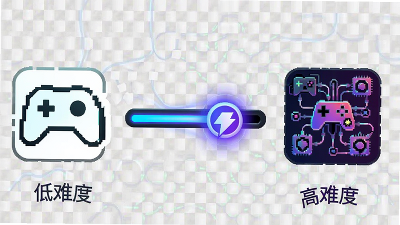 主体为游戏难度调节示意图,布局为左侧低难度简单图标,右侧高难度复杂图标,中间有一个滑块正在向右移动,排版为横向对比,风格为数据可视化图表风格,细节处滑块发出蓝紫色光芒,画质高清,背景透明,无多余文字